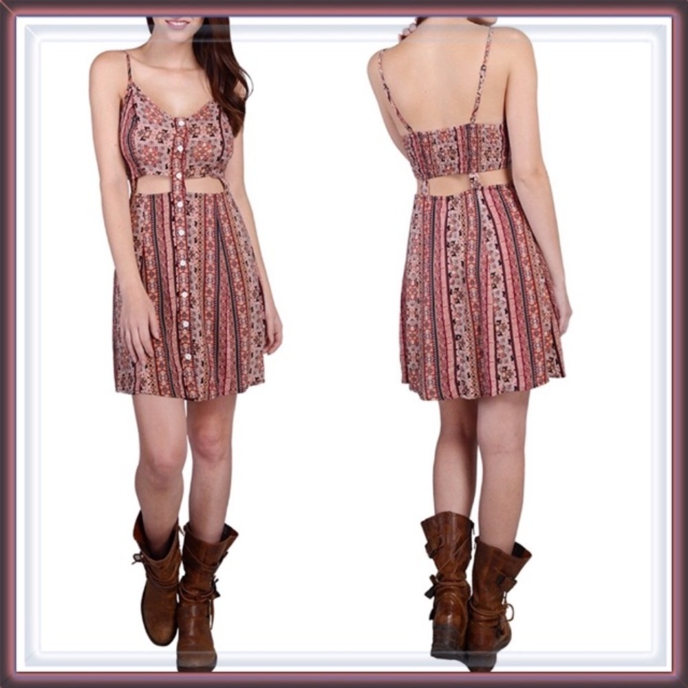 💥 CLEARANCE Boho Cut Out Midriff Floral Stripe Dress - Picture 6 of 6